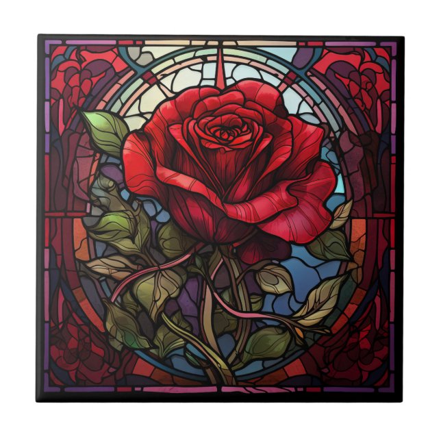Red Rose Stained Glass Ceramic Tile (Front)