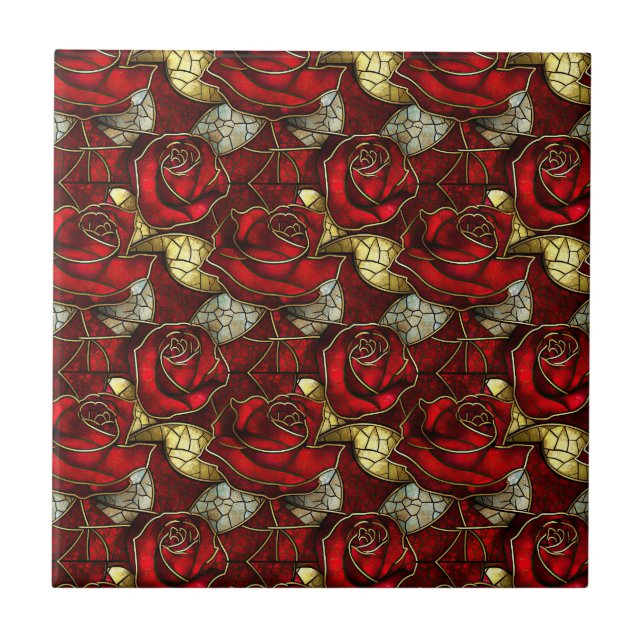 Red Rose Stained Glass Pattern Ceramic Tile (Front)
