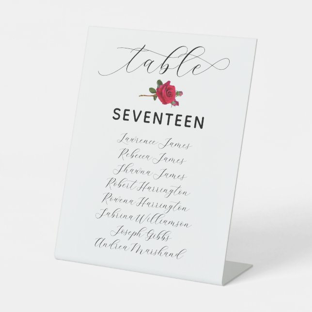 Red Rose Standing Table Seating List of Names Sign (Front)