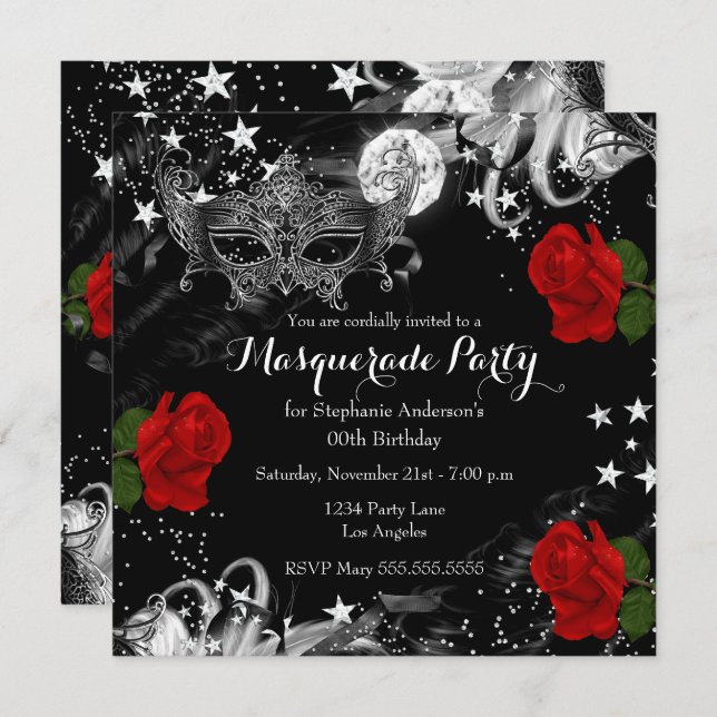 Red Rose Starry Magical Night Masquerade Party Invitation (Front/Back)