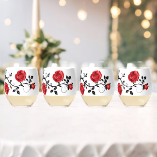 Red rose stemless wine glass