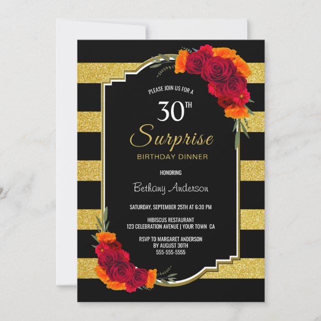 Red Rose Striped Surprise 30th Birthday Dinner Invitation (Front)