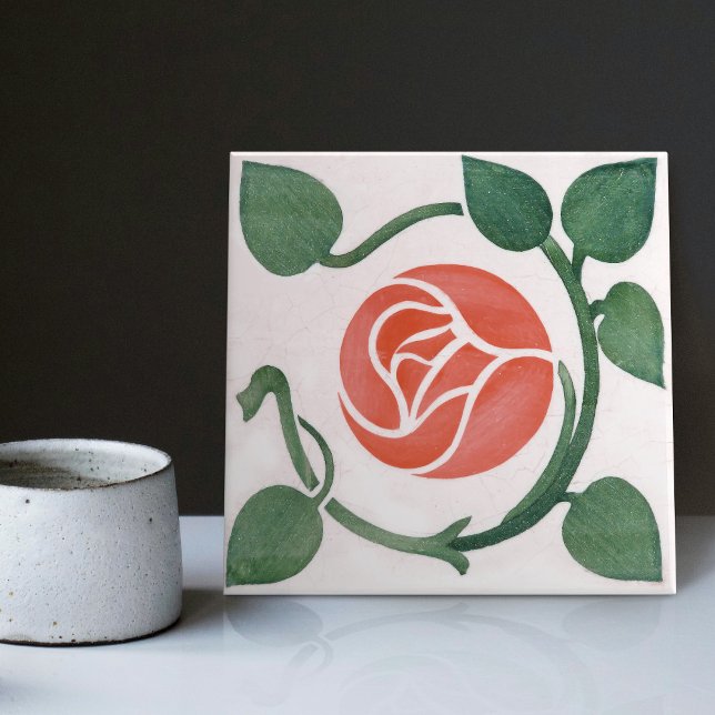 Red Rose Symmetric Art Deco Ceramic Tile (Creator Uploaded)