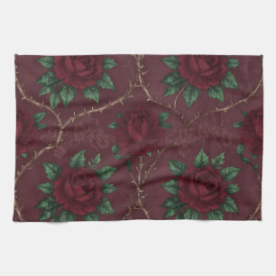 Red Rose Thorn Wreath Pattern Tea Towel