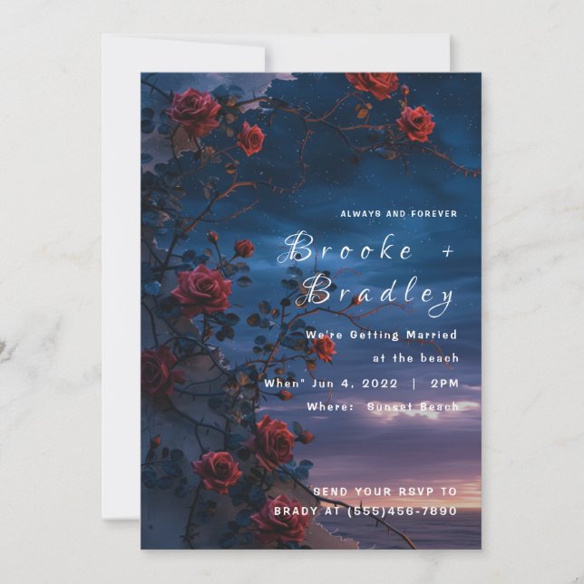 Red Rose Twilight Beach Wedding Invitation (Front)