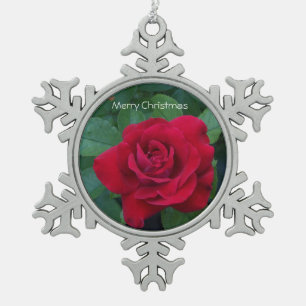 Red Rose Up Close Snowflake Pewter Christmas Ornament