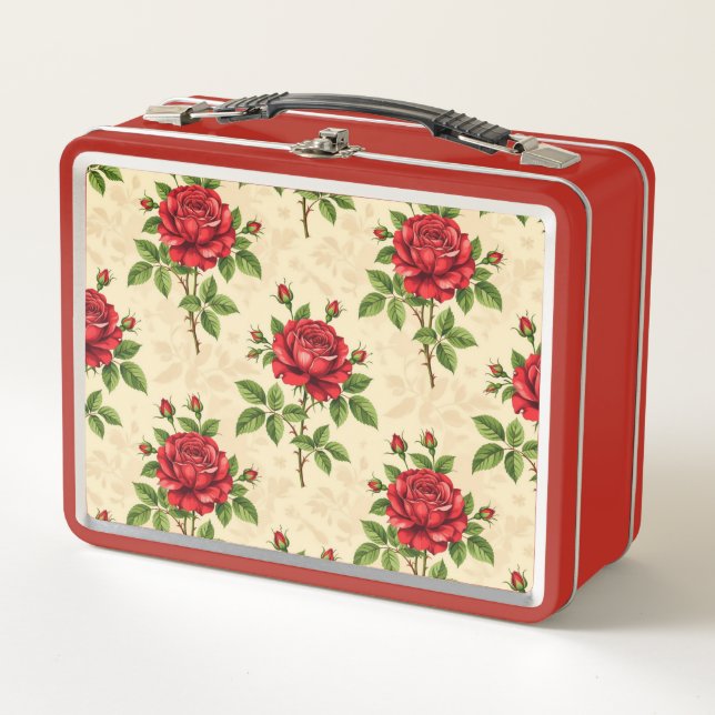 Red rose vintage pattern metal lunch box (Front)