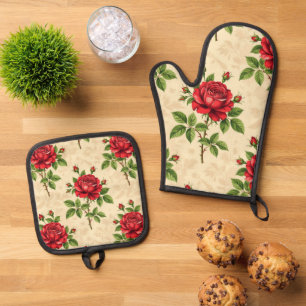 Red rose vintage pattern oven mitt & pot holder set