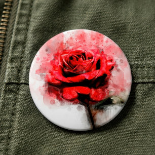 Red Rose Watercolor Art on White Background 6 Cm Round Badge