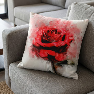 Red Rose Watercolor Art on White Background Cushion