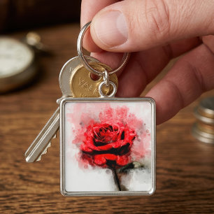 Red Rose Watercolor Art on White Background Key Ring