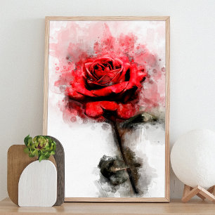 Red Rose Watercolor Art on White Background Photo Print
