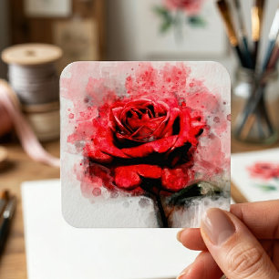 Red Rose Watercolor Art on White Background Square Sticker