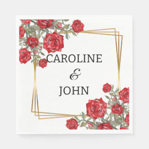 Red Rose Watercolor Botanical Wedding Gold Napkin
