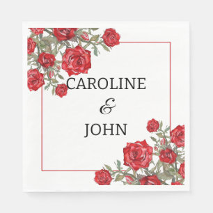 Red Rose Watercolor Floral Red Border Wedding Napkin