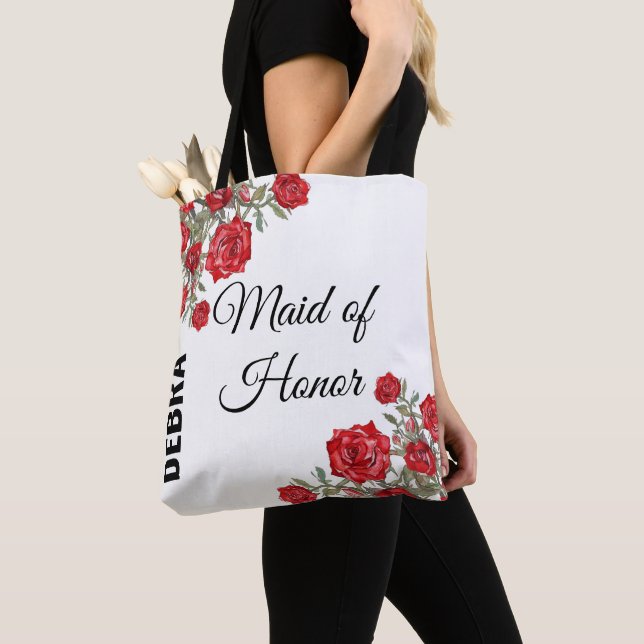 Red Rose Watercolor Floral Wedding  Tote Bag (Close Up)