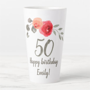 Red Rose Watercolor Flower 50th Birthday Floral  Latte Mug