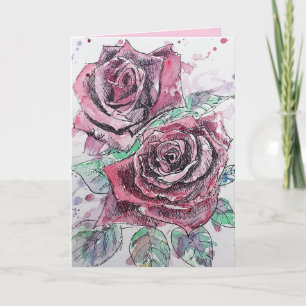 Red Rose Watercolor Flower Floral Birthday Card