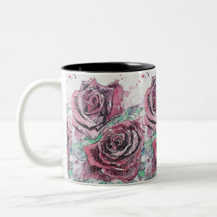 Red Rose Watercolor Flowers Floral Painting Two-Tone Coffee Mug