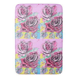 Red Rose Watercolor Flowers Pink Floral Painting Bath Mat