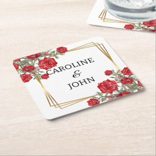 Red Rose Watercolor Gold Floral Wedding  Square Paper Coaster