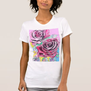 Red Rose Watercolor Pink Flowers Floral Painting T-Shirt