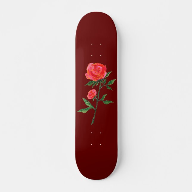 Red Rose Watercolor Red Skateboard (Front)