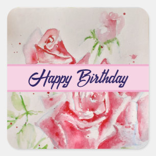 Red Rose Watercolor Roses Happy Birthday Square St Sticker