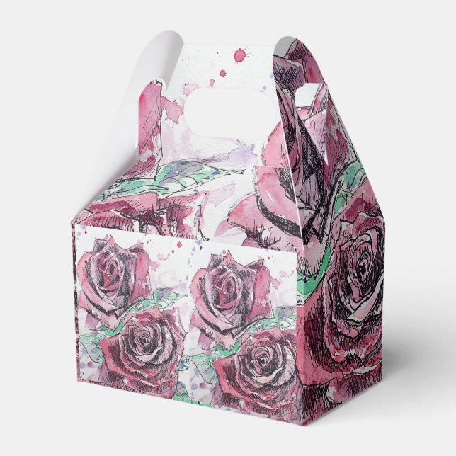 Red Rose Watercolour Art Party Cake Favour Box (Front Side)