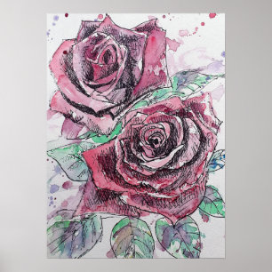 Red Rose Watercolour art Rose Nature Garden Poster