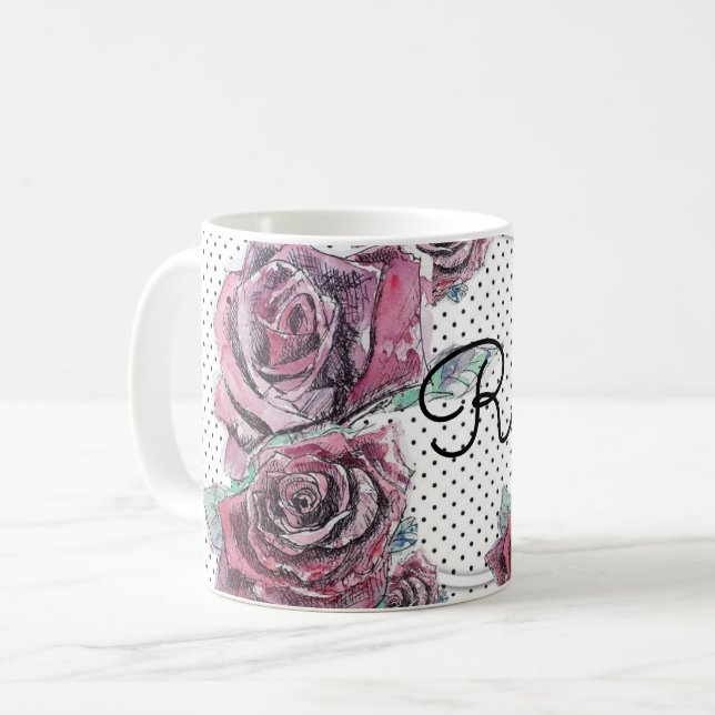 Red Rose Watercolour dot Womans Initial Mug (Front Left)