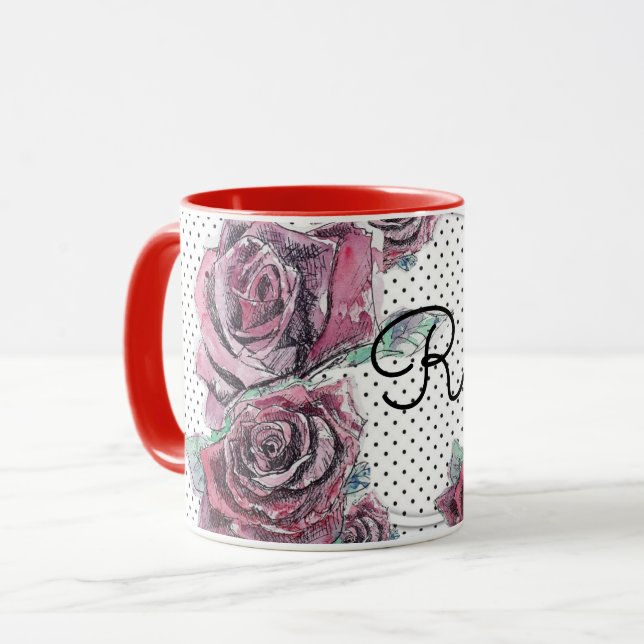 Red Rose Watercolour dot Womans Initial Mug (Front Left)