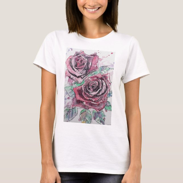 Red Rose Watercolour Ink Painting art T Shirt (Front)