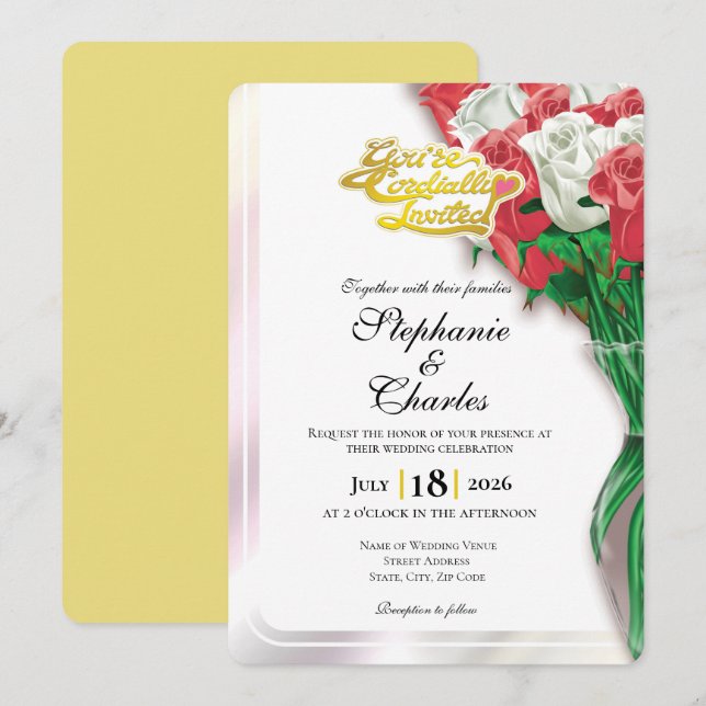 Red Rose Wedding Invitation - Gold Lettering 1 (Front/Back)