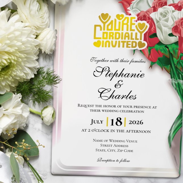 Red Rose Wedding Invitation - Gold Lettering 4 (Red and White roses in vase wedding invite design with gold heading)