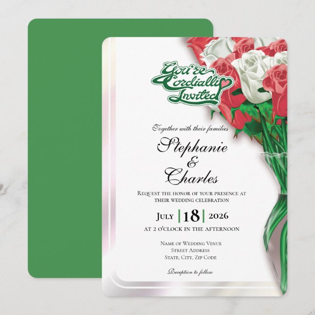 Red Rose Wedding Invitation - Green Lettering 1 (Front/Back)