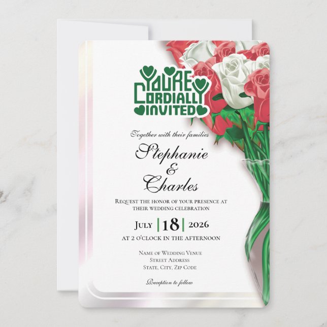 Red Rose Wedding Invitation - Green Lettering 4 (Front)