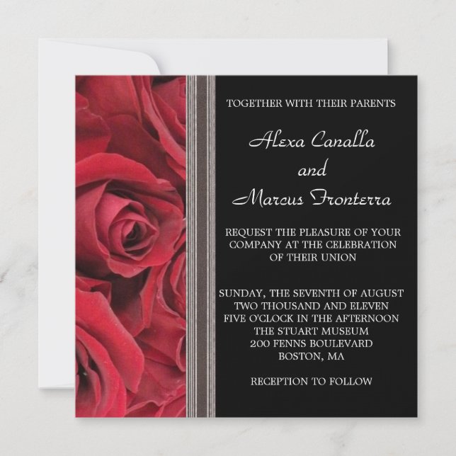 Red Rose Wedding Invitation w Grey Ribbon Accents (Front)
