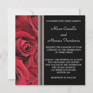 Red Rose Wedding Invitation w Grey Ribbon Accents