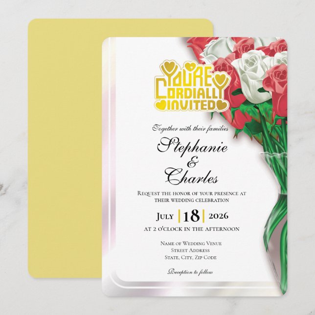 Red Rose Wedding Invite - Gold Heading #3 (Front/Back)