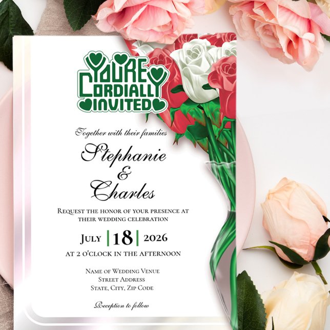 Red Rose Wedding Invite - Green Heading #3 (Red and White roses in vase wedding invite design with green heading)