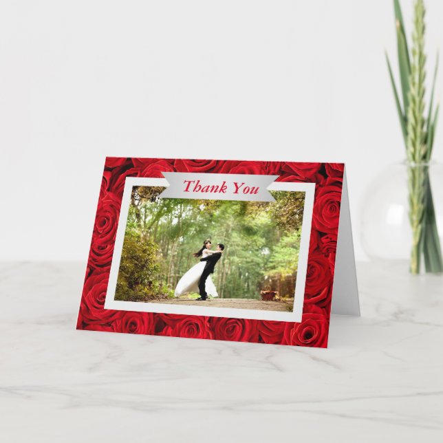 Red Rose Wedding Photo Thank You Card (Front)