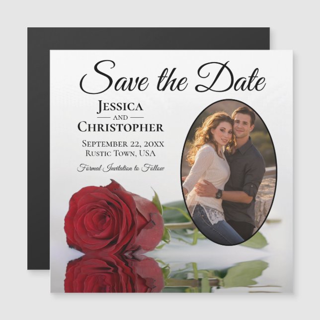 Red Rose Wedding Save The Date Oval Photo Magnet (Front/Back)