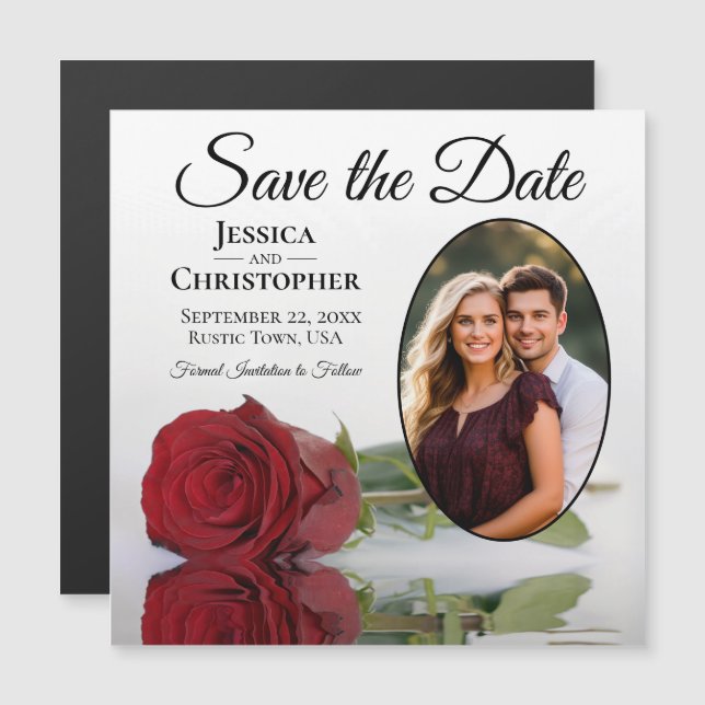 Red Rose Wedding Save The Date Oval Photo Magnet (Front/Back)