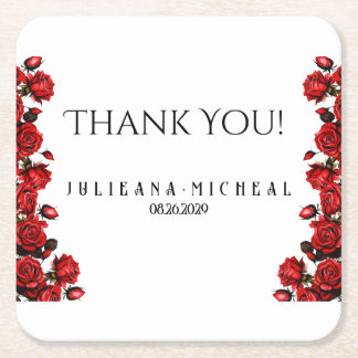 Red rose wedding square paper coaster