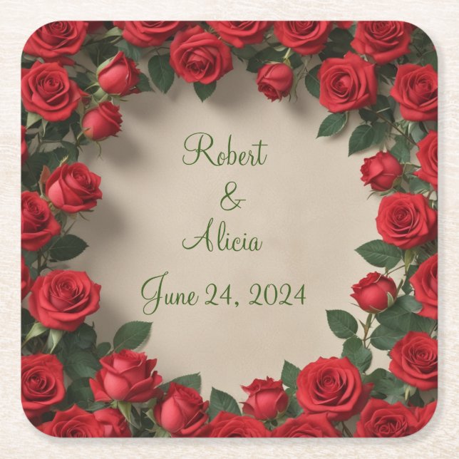 Red Rose Wedding Square Paper Coaster (Front)