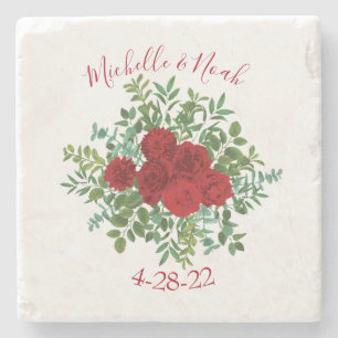 Red Rose Wedding Stone Coaster