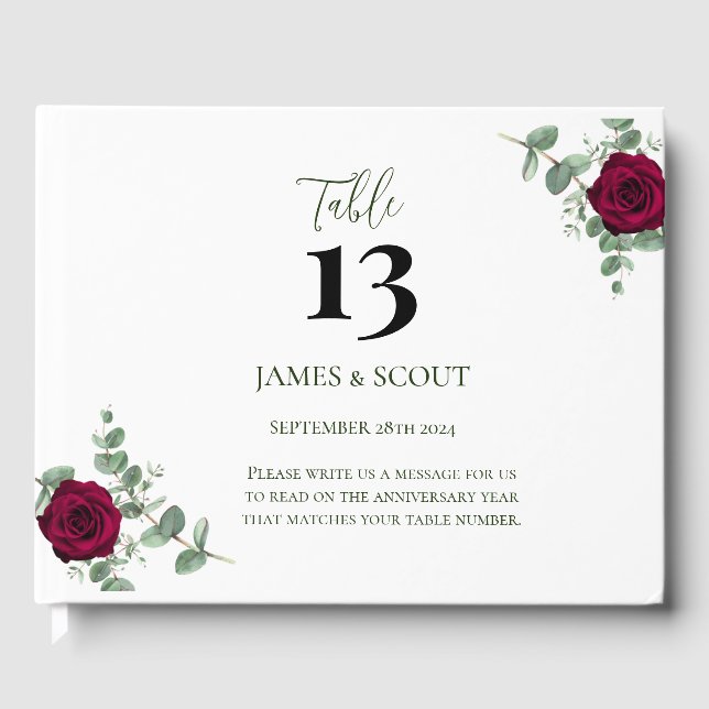 Red Rose Wedding Table Number Guest Book (Front)