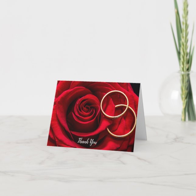 Red Rose Wedding Thank You Notes Cards with Rings (Front)