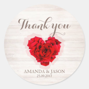 Red rose wedding thank you round sticker hhn01